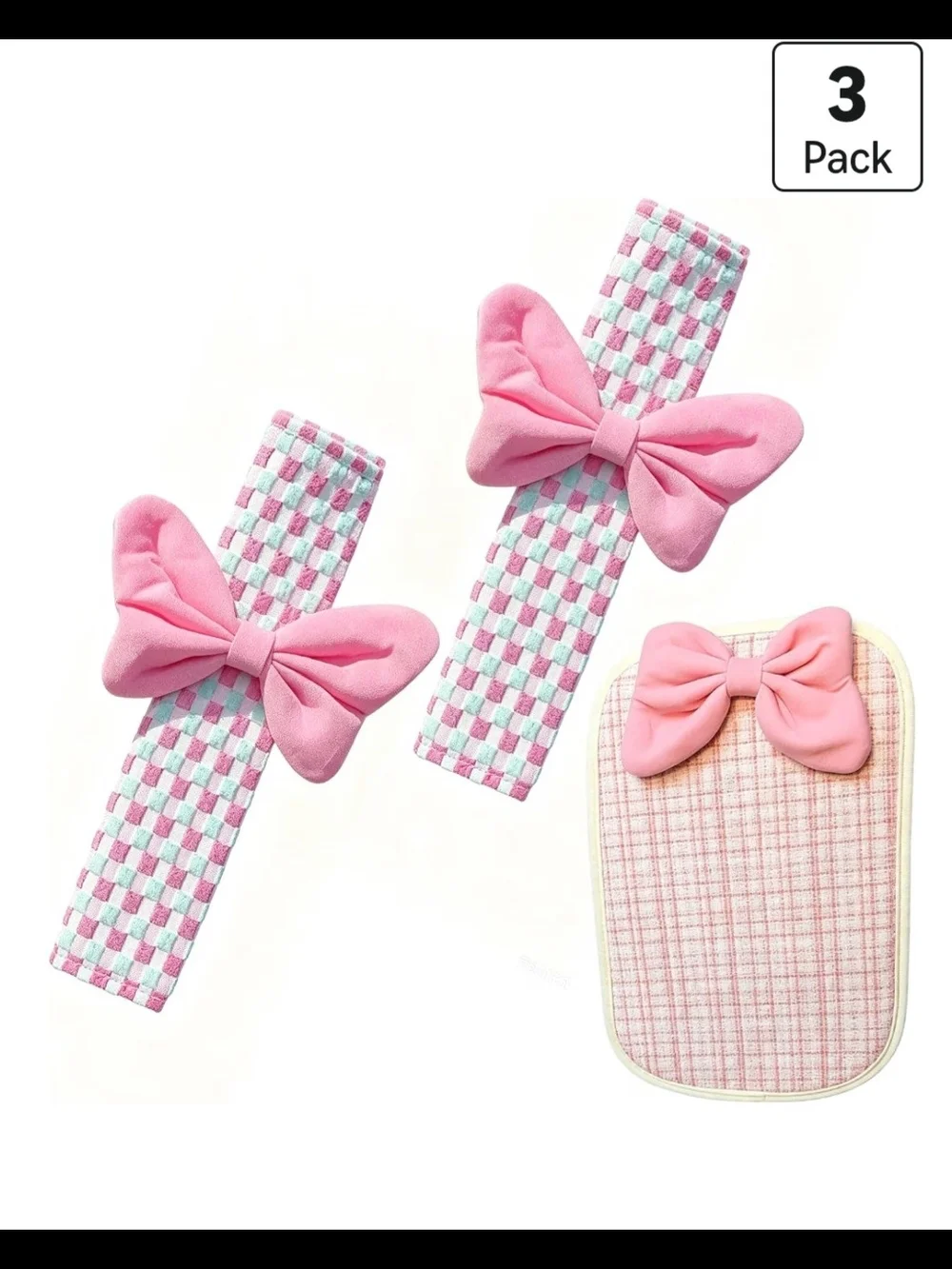 Cute Car Seat Belt Shoulder Pads with Armrest Cover Set, Pink Bow Car Interior A